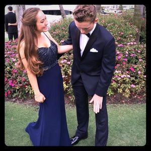 Size 8 Blue Beaded Bodice Floor Length Gown.